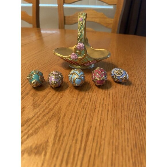 Antique Fabregé The Franklin Mint Summer Egg Basket w/ 5 Eggs - Picture 2 of 4